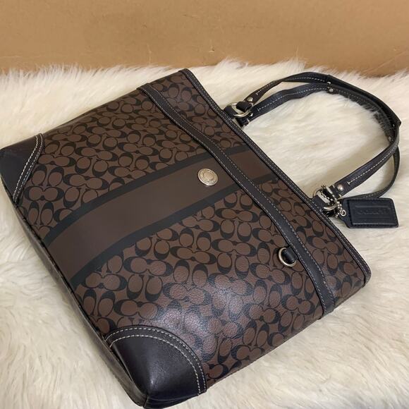 COACH Brown/Black CHELSEA Heritage Stripe Bias Signature N/S PVC Tote F15137 - Picture 16 of 16